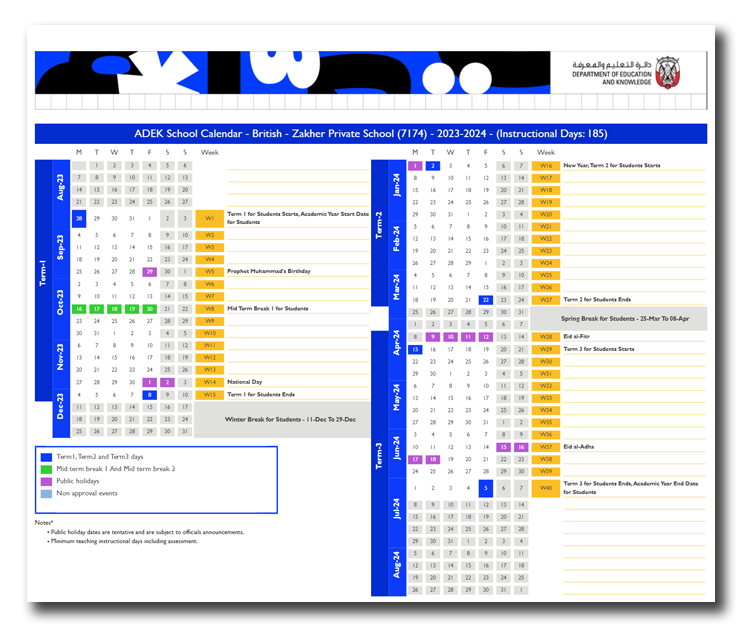 Academic Calendar ZPS Zakher Private School